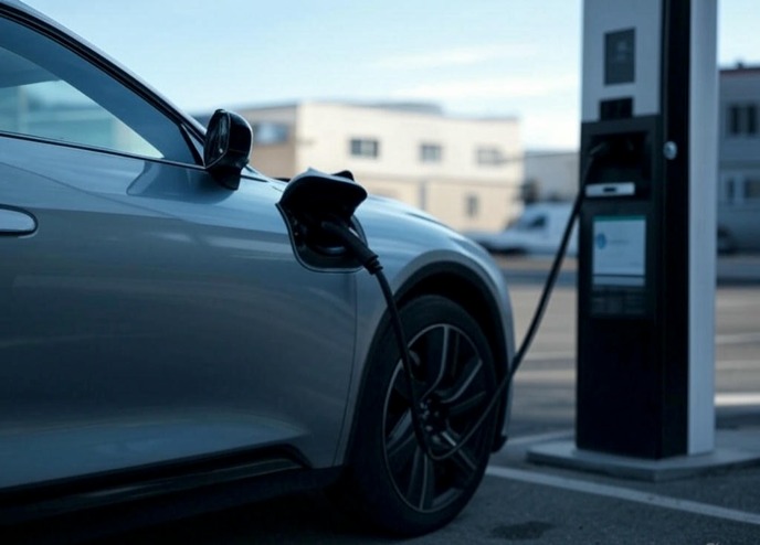 Electric vehicle being charged at a charging station